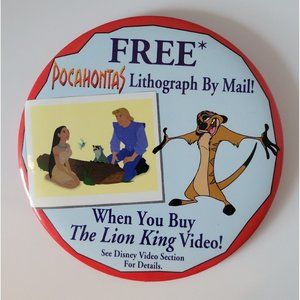 The Lion King Timon Pocahontas Promo Pin Button Round 3 3/8"